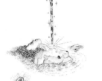 May include: A black and white line drawing of a sword piercing through the water and a person lying in the water. The sword is ornate and has a cross guard. The person is lying on their back with their arms outstretched.