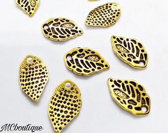 10 gold metal leaf charms 15mm