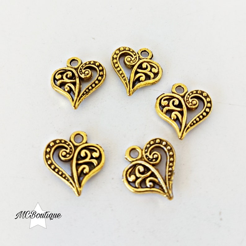 5 silver or gold metal heart charms 14mm Gold