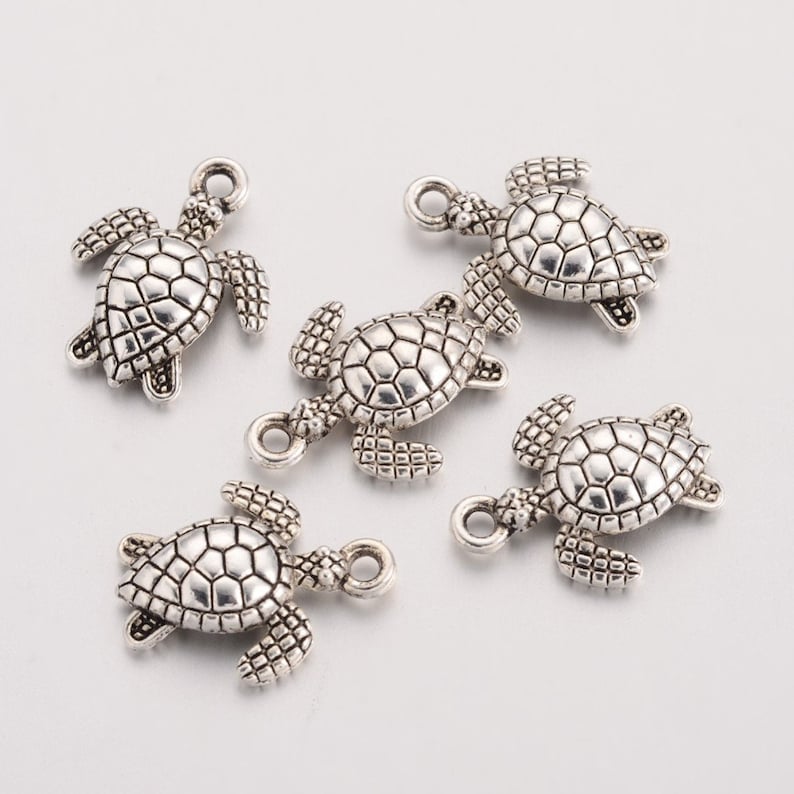 5 silver-plated sea turtle charms 16mm image 1