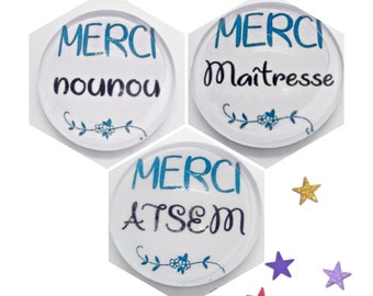 Cabochon Merci Maîtresse ATSEM Nounou verre 30mm 25mm 20mm 16mm 14mm