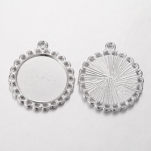 5 pendentifs camée support cabochon 20mm métal argenté