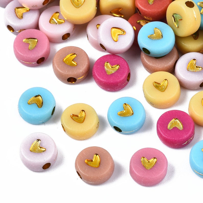 25, 100 golden multicolored acrylic heart rondelle beads 7mm image 1