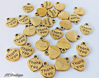 10 Thank you heart charms gold metal 12mm