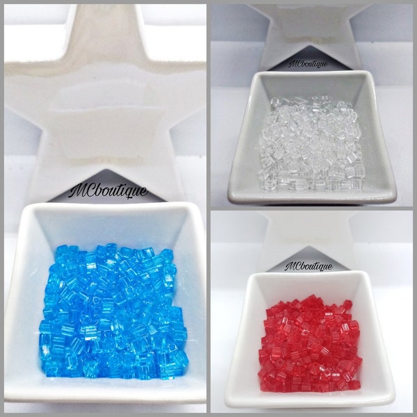 Perles MIYUKI cubes 4mm verre 20g bleu rouge blanc transparents