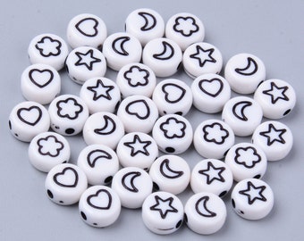 25, 100 runde Perlen, gemischte Formen aus weißem und schwarzem Acryl, 7 mm
