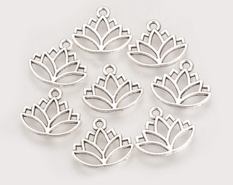 5 lotus flower charms 14mm silver metal