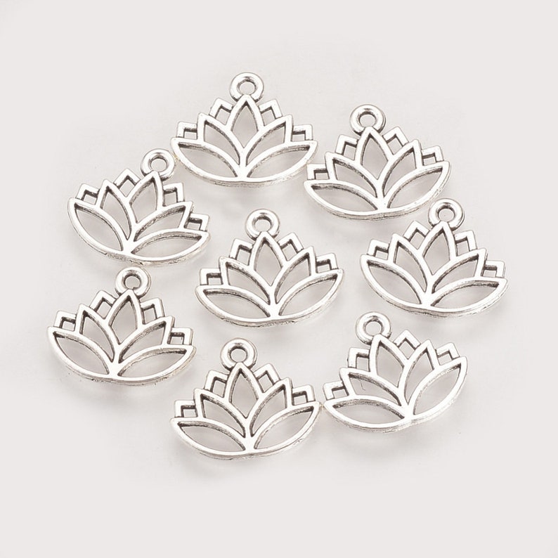 5 lotus flower charms 14mm silver metal image 1