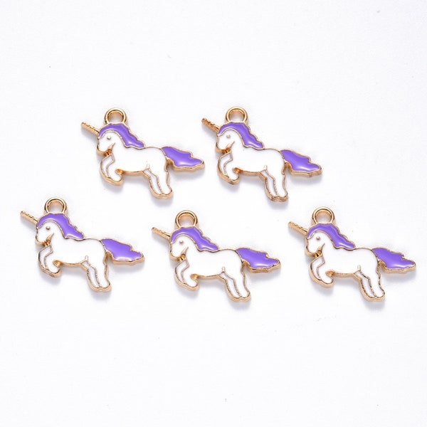 5 breloques émaillées licorne mauve métal doré 20mm