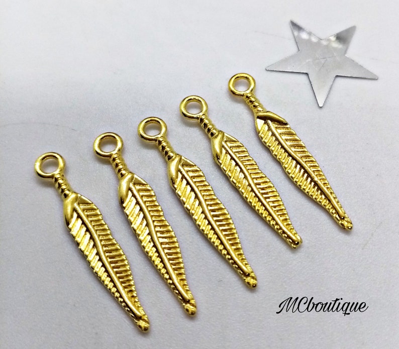 5 gold or antique gold feather charms 28mm