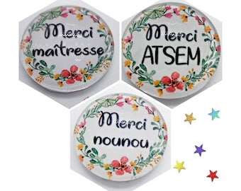 Cabochon Merci Maîtresse ATSEM Nounou verre 30mm 25mm 20mm 16mm 14mm