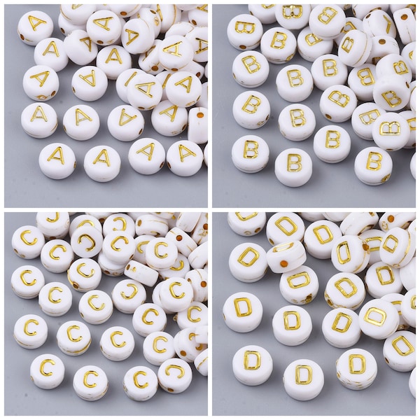 10 Alphabet letter beads white gold writing 7mm