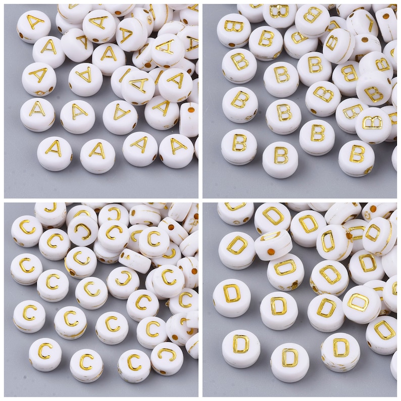 10 perles Alphabet lettre blanc écriture dorée 7mm image 1