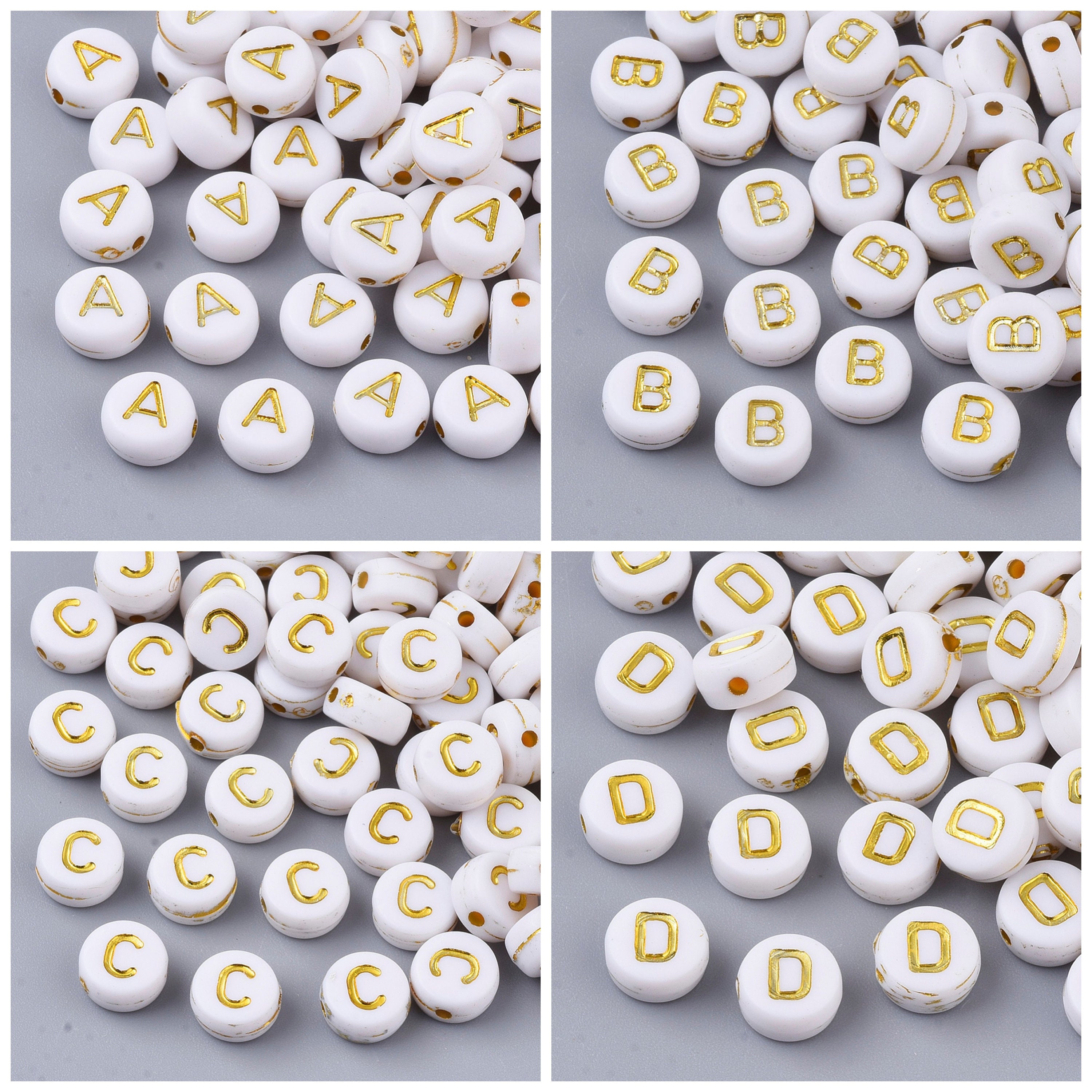 12 PZ PERLINE PERLE LETTERE ALFABETO IN PLASTICA BIANCO con scritta col oro  7mm- Gioie d'Oriente