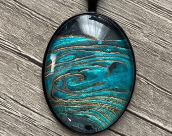 Copper and Black Abstract Painted Pendant Necklace Metallic Teal