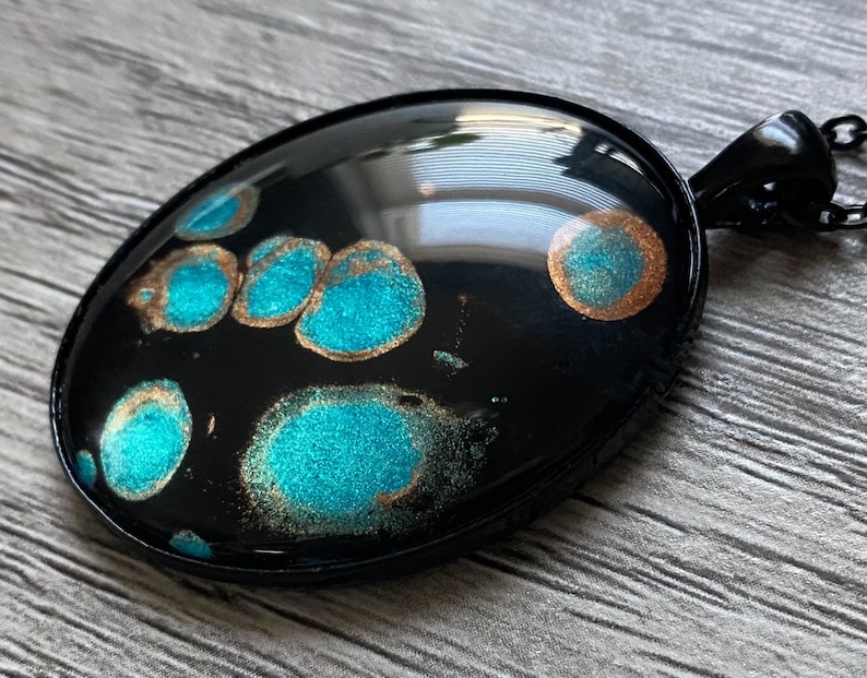 Copper and Black Abstract Painted Pendant Necklace Metallic Teal