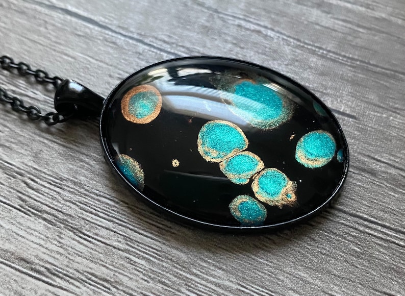 Copper and Black Abstract Painted Pendant Necklace Metallic Teal