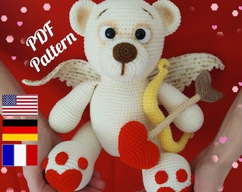 Valentine bear Crochet Pattern, Teddy Amigurumi Pattern, Cupid Bear amigurumi pattern, Heart pattern (English, Deutsch, Français)