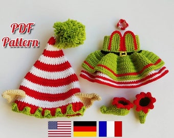 Crochet doll clothes pattern, crochet Elf outfit for Astrid, Christmas doll outfit pattern (English, Deutsch, Français)