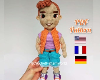 Alex Crochet doll boy pattern, amigurumi boy men pattern, PDF English, Français, Deutsch