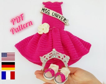 Doll clothes crochet patterns, Amigurumi doll outfit Miss Universe for Astrid 30 cm (11,8 inch) (English, Deutsch, Français)