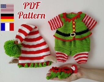 Christmas doll outfit amigurumi pattern for Lulu, crochet Elf clothes pattern, amigurumi doll clothes 12,6 inch (English, Deutsch, Français)