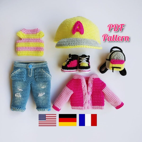 Patrón de ropa de muñeca amigurumi, Patrón de ropa de muñeca crochet, Traje de muñeca crochet 30 cm/11,8 pulgadas (Inglés, Alemán, Francés)
