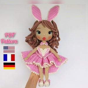 Astrid crochet doll pattern in bunny outfit, Amigurumi doll pattern (English, Français, Deutsch)