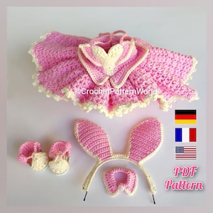 Crochet doll clothe pattern for Astrid, Doll outfit bunny, Amigurumi doll outfit pattern for a doll 30 cm/11 inch English, Français, Deutsch