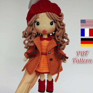 Crochet pattern doll Astrid in romantic outfit, Amigurumi doll pattern in English, Français and Deutsch