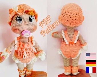 Crochet doll pattern amigurumi baby doll pattern, Crochet body doll base 12,6 inch (32 cm), Lulu doll (English, Deutsch, Français)