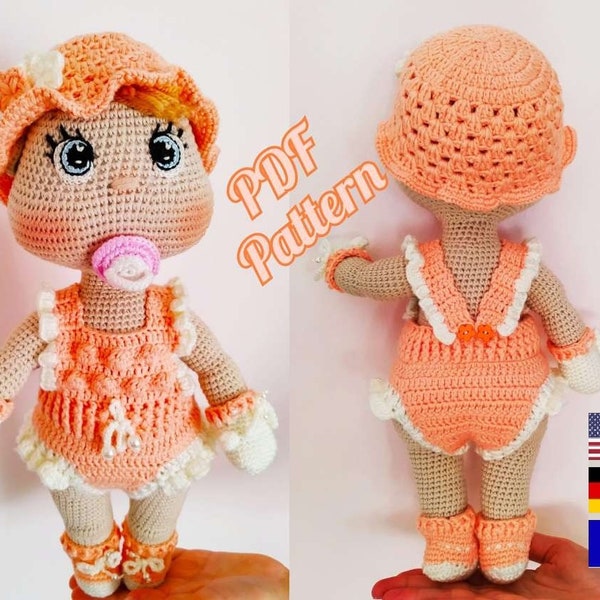 Crochet doll pattern amigurumi baby doll pattern, Crochet body doll base 12,6 inch (32 cm), Lulu doll (English, Deutsch, Français)