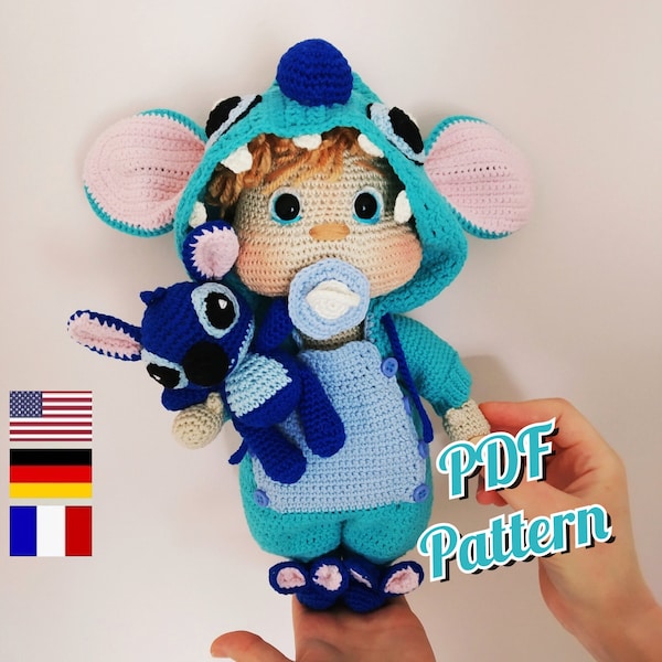 Amigurumi-Puppe Häkelanleitung, Amigurumi Baby-Puppe Häkelanleitung Baby Junge gehäkelt 32 cm, Lucas gehäkelter Junge (English, Deutsch, Français)