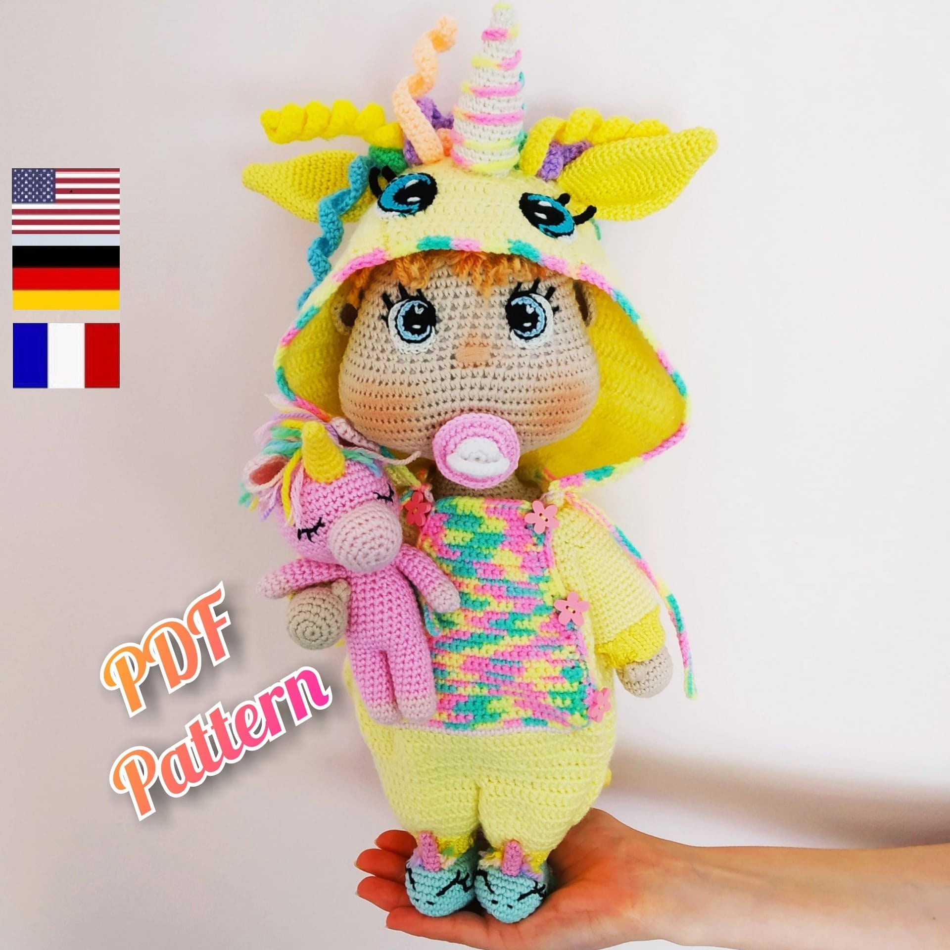 Amigurumi doll patterns, Crochet doll pattern, Baby doll pattern, Eco, Crochet unicorn doll, Lulu doll pattern (English, Deutsch, Français)