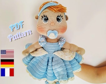 Crochet Princess patterns, Baby doll crochet pattern, Amigurumi doll pattern, Lulu doll pattern, English, Deutsch, Français