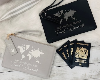 World Map Personalised Document wallet Travel Passport Holder Clutch & Plane Token, Various Colours Available Travel Wallet - Honeymoon