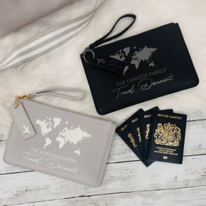 World Map Personalised Document wallet Travel Passport Holder Clutch & Plane Token, Various Colours Available Travel Wallet - Honeymoon