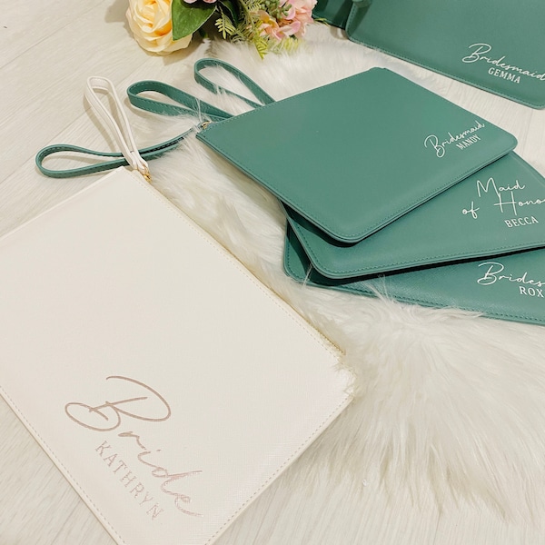 Personalised Clutch, Various Colours Bridesmaid bag, maid of honour, mother of the Bride, personalised gift bag, sage green wedding