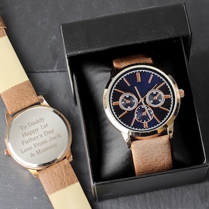 Tan Personalised Engraved Watch - Idea Gift for Groom Father of the Bride Best Man Gift Wedding gift for Groom Rose Gold Detailing