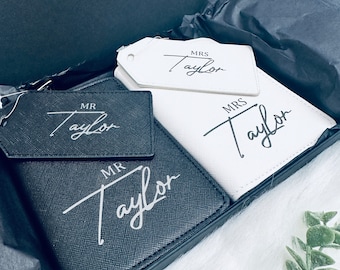 Personalised Luxury Travel Passport Holder & Luggage Tag, Mr Mrs Passport Holder, Mr Mr luggage Tag Honeymoon Gifts Christy