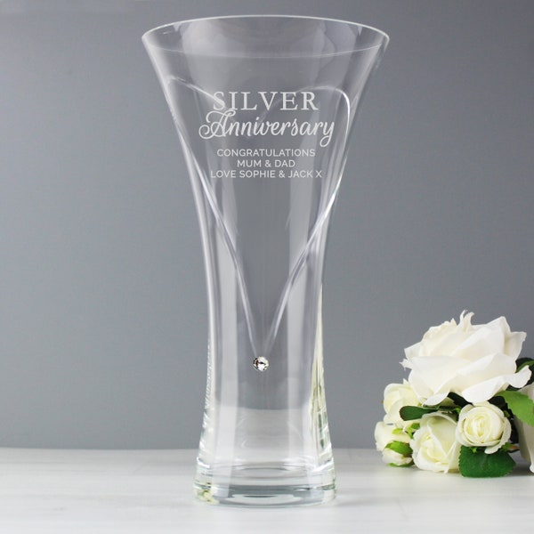 Large Silver Diamante HandCut Heart Engraved Personalised Silver Anniversary Vase with Swarovski Crystal Elements , 25th Wedding Anniversary
