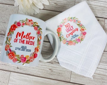 Personalised Mother of Bride Mother of Groom Gift - Mug & Hankie Floral Coral Gift Set - Budget Wedding Gift Idea