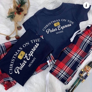 Polar Express T-Shirt or Tartan Set XMAS Matching Family Personalised Christmas Tartan T-Shirt Sets, Newborn to Mens XXL - Xmas Navy family