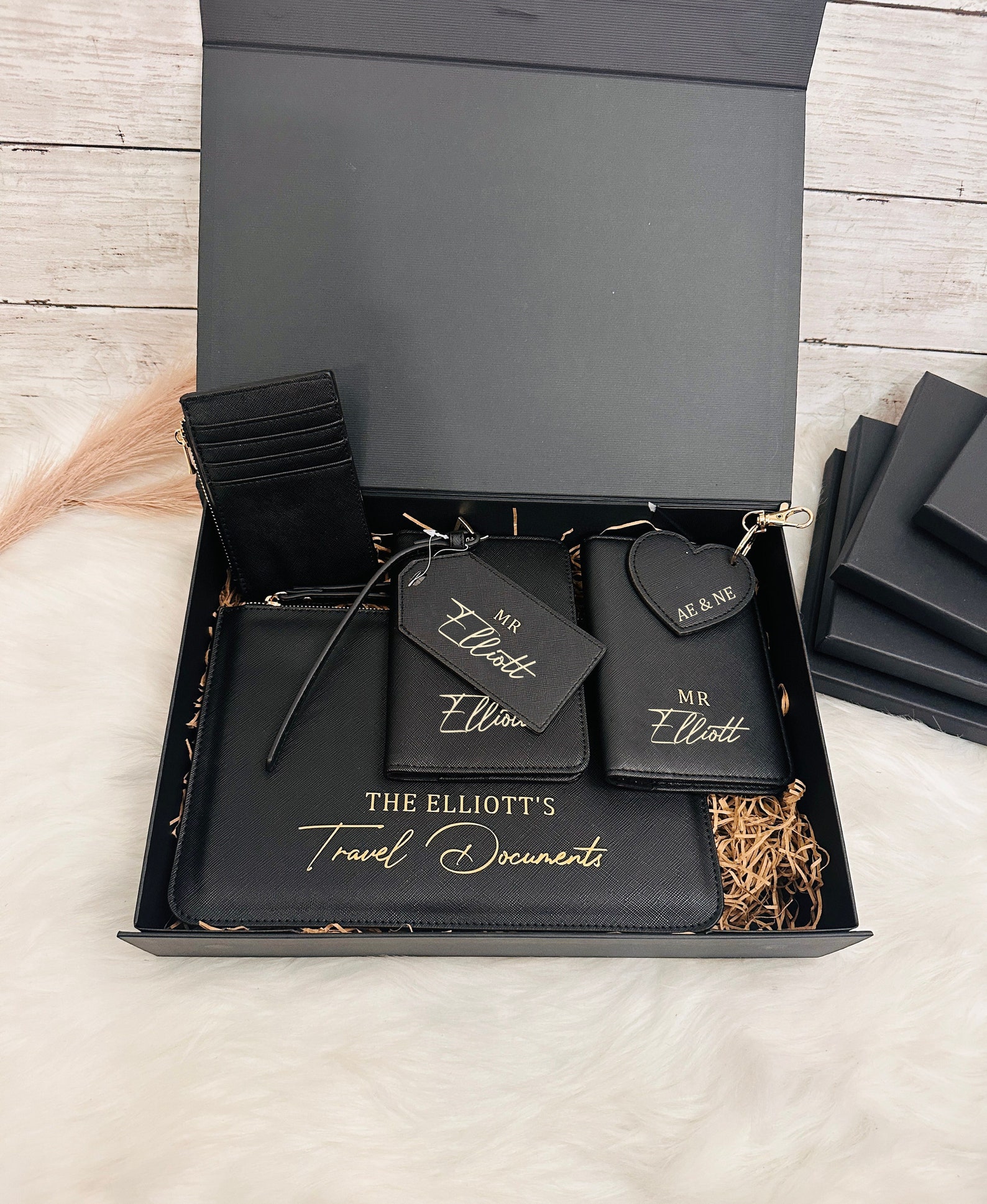 Luxury Personalised Travel Gift Set, Gift For Couple, Passport Holder & Luggage Tag, Travel Wallet, Wedding Gift, Travel Accessories - Black 5PC Set, Yes Please