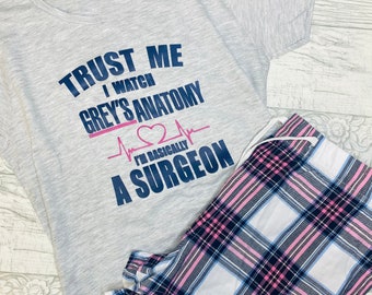 Mens or Ladies Greys Anatomy Py jama Set - Funny Greys anatomy gift idea - Greys Netflix Fan PJ Gift Set Mens or Ladies Womens GA1