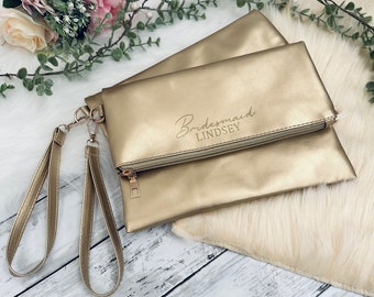 Personalised Gold Soft PU Wedding Clutch, Bridesmaid bag, maid of honour, mother of the Bride, personalised gift bag, clutch bag