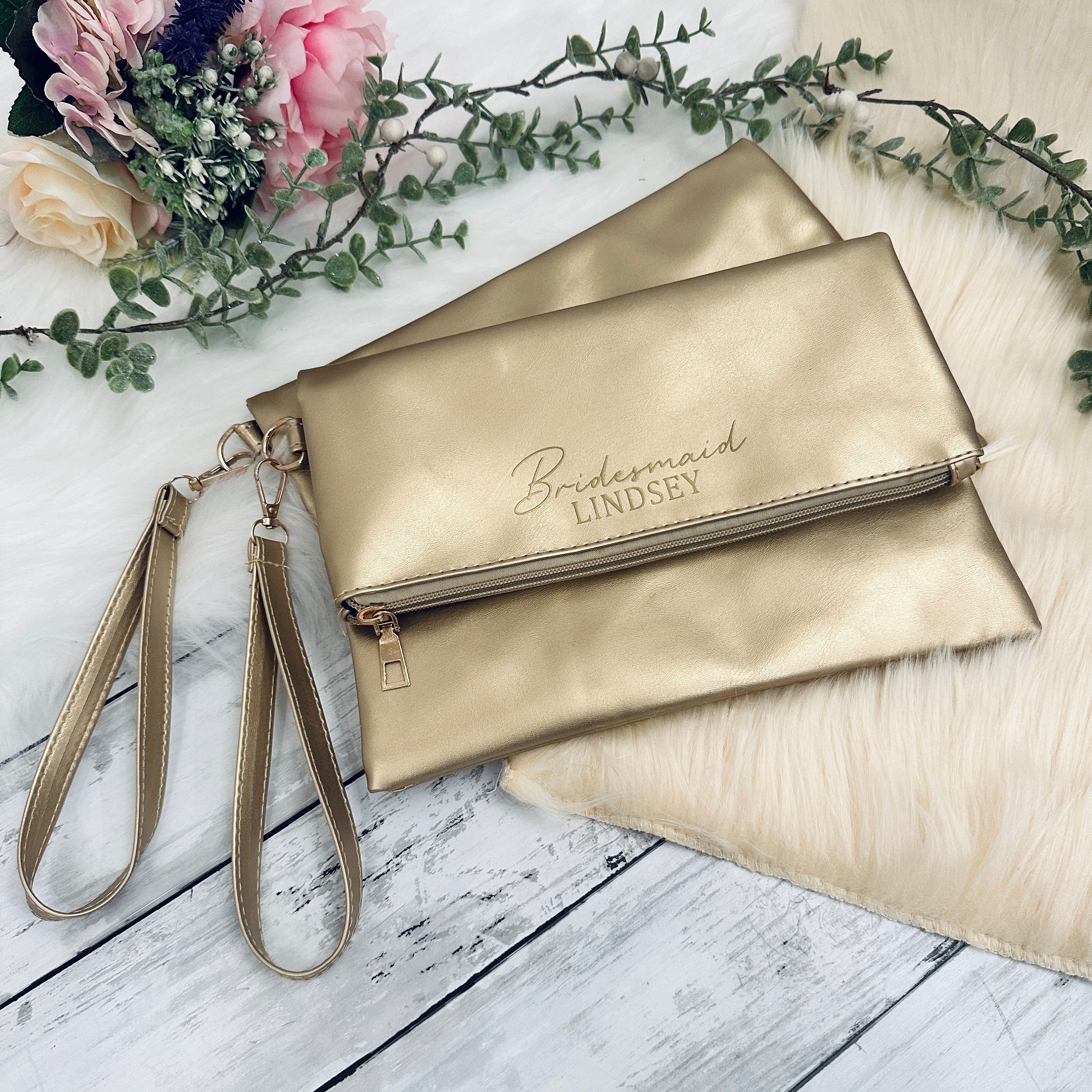 Personalised Gold Soft PU Wedding Clutch Bridesmaid bag maid of honour mother of the Bride personalised gift bag clutch bag