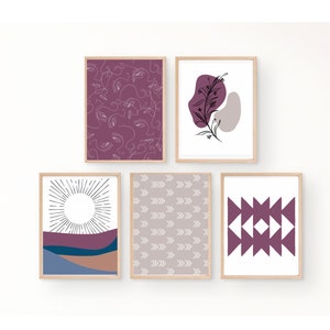May include: Five framed art prints with abstract designs. The prints feature a variety of styles, including line art faces, floral motifs, geometric patterns, and a sunburst design. The color palette includes shades of purple, blue, brown, and white, with wooden frames.