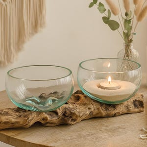 Molten Glass Double Bowl Natural Wood Log Base Boho Candle Centrepiece Home Decor