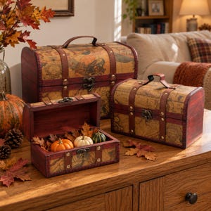 May include: Three wooden storage chests with a vintage map print and dark red stained edges. Each chest features a curved lid, a metal handle, and a front latch. One chest is open, revealing small decorative pumpkins and autumn leaves inside.